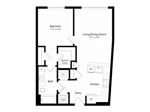 Floor plan for 1 bed, 1 bath, 778 sqft